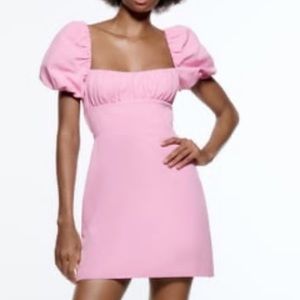 Zara puff sleeves linen blend pink backless dress